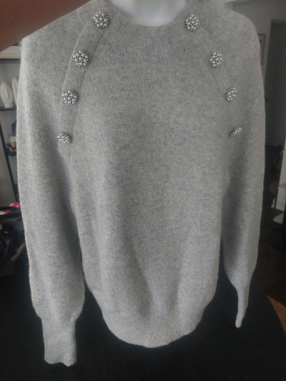 Grey Crewneck Sweater with Pearl & Rhinestone Buttons